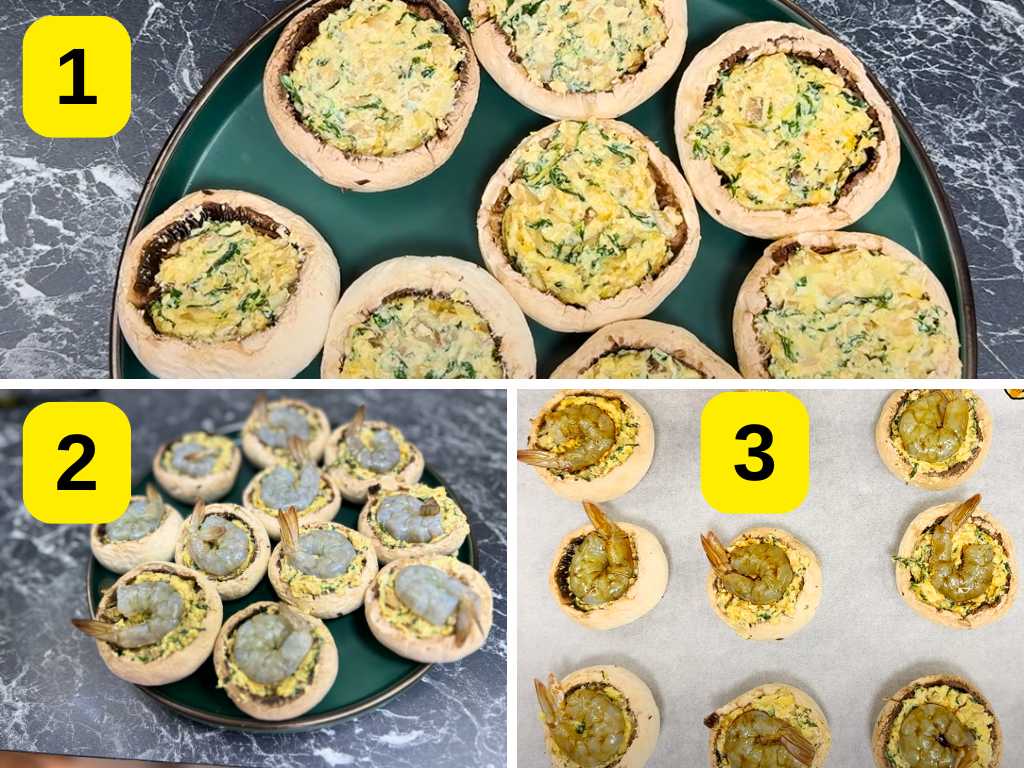 Step-by-step process of making shrimp stuffed mushrooms: 1 fill mushroom caps with creamy spinach mixture, 2 top with raw shrimp, 3 bake until golden