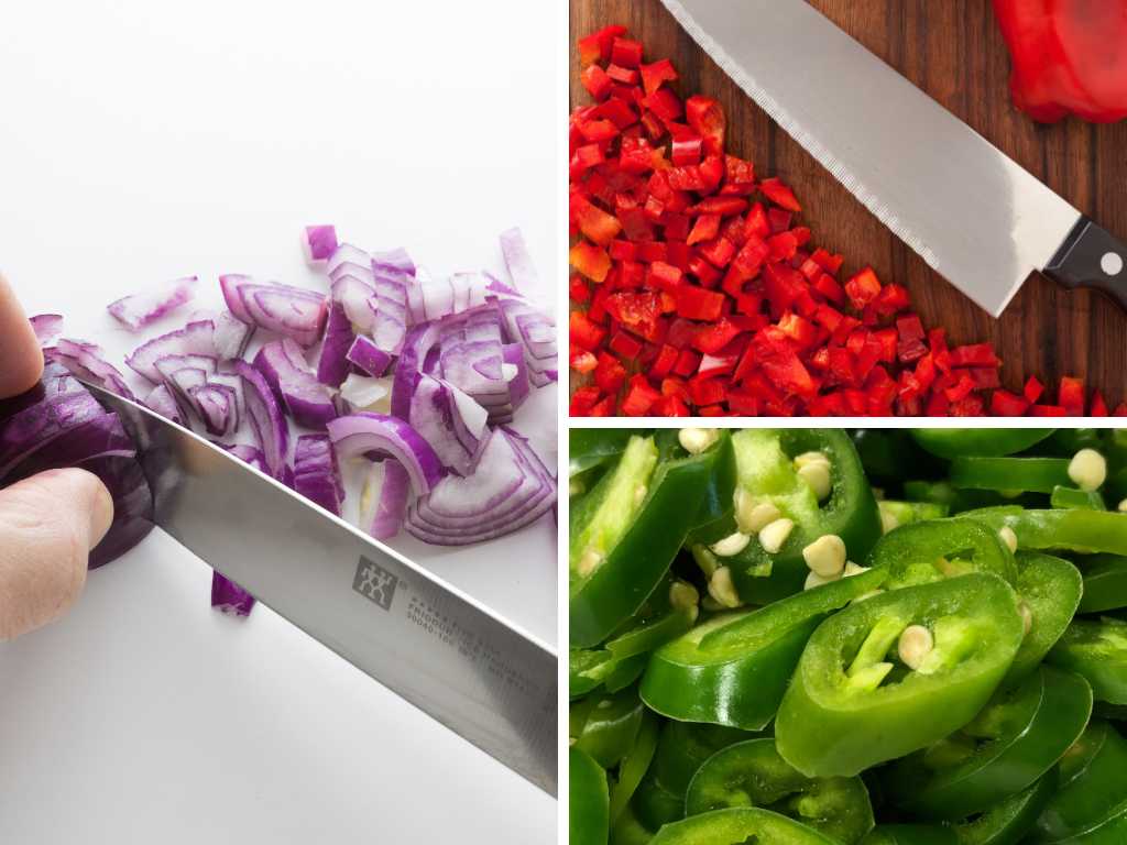 Chopping red onion, red bell pepper, and jalapeño slices for cheesy chicken quesadilla cones