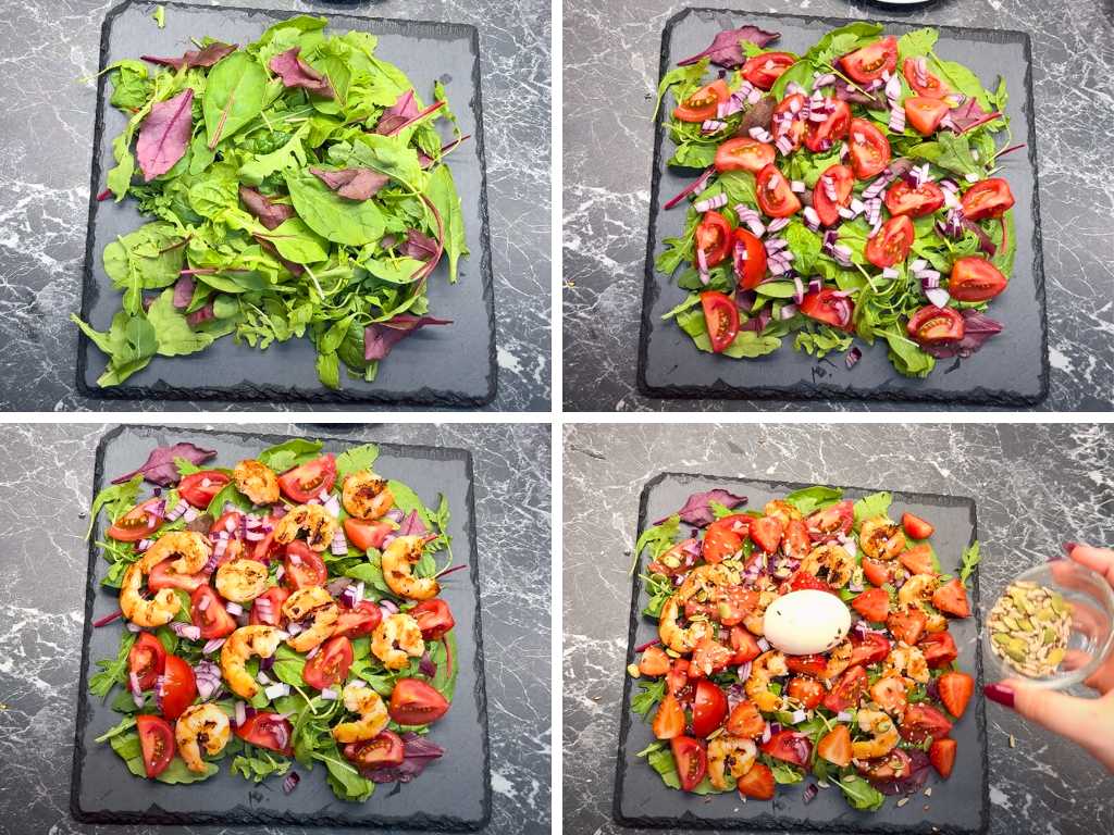 Step-by-step shrimp salad assembly: layer mixed greens, add tomatoes and onion, top with sautéed shrimp, strawberries, soft-boiled egg, and seeds.