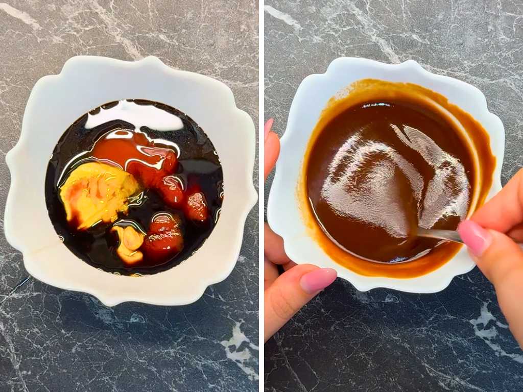 Mixing soy sauce, ketchup, mustard, and honey in a bowl to make the glaze for chicken wings
