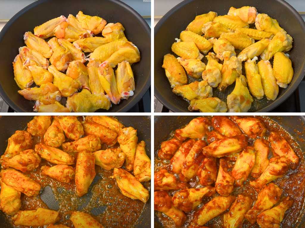 Step-by-step cooking chicken wings in a pan: raw wings, golden fried, seasoned with paprika, and coated in sticky honey soy sauce