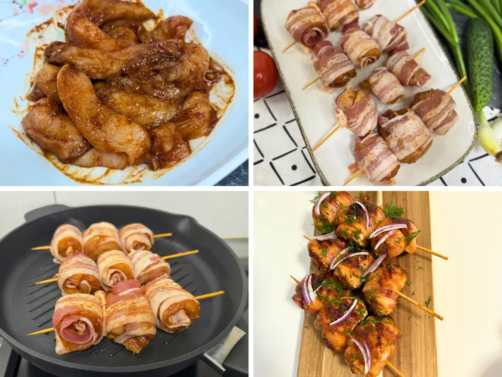 Step-by-step process of making Bacon Wrapped Chicken Skewers: marinated chicken, skewered and wrapped in bacon, cooking on a grill pan, and served garnished with fresh herbs and onions.