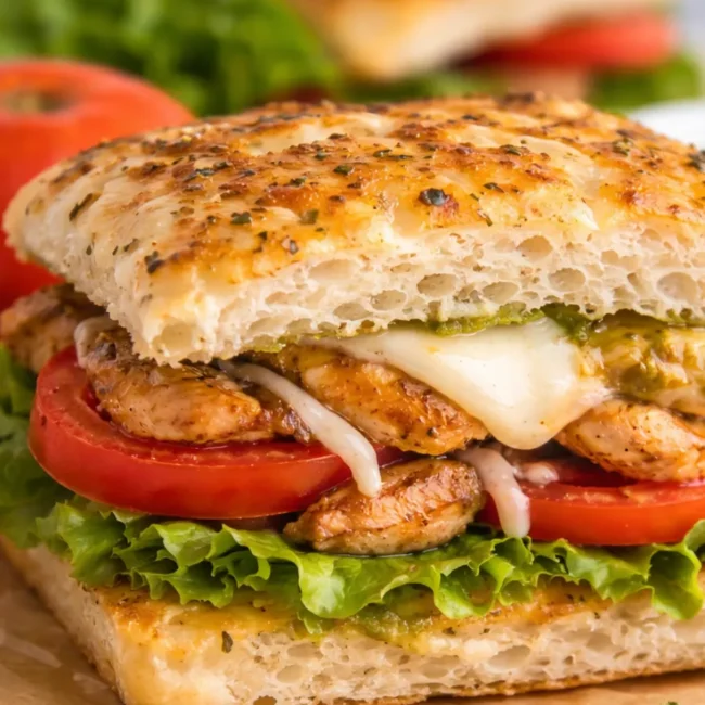 Detailed close-up of cheesy chicken smash-inspired buns showing melted cheese, pesto, grilled chicken, tomato slices, and lettuce inside a soft toasted ciabatta bun.