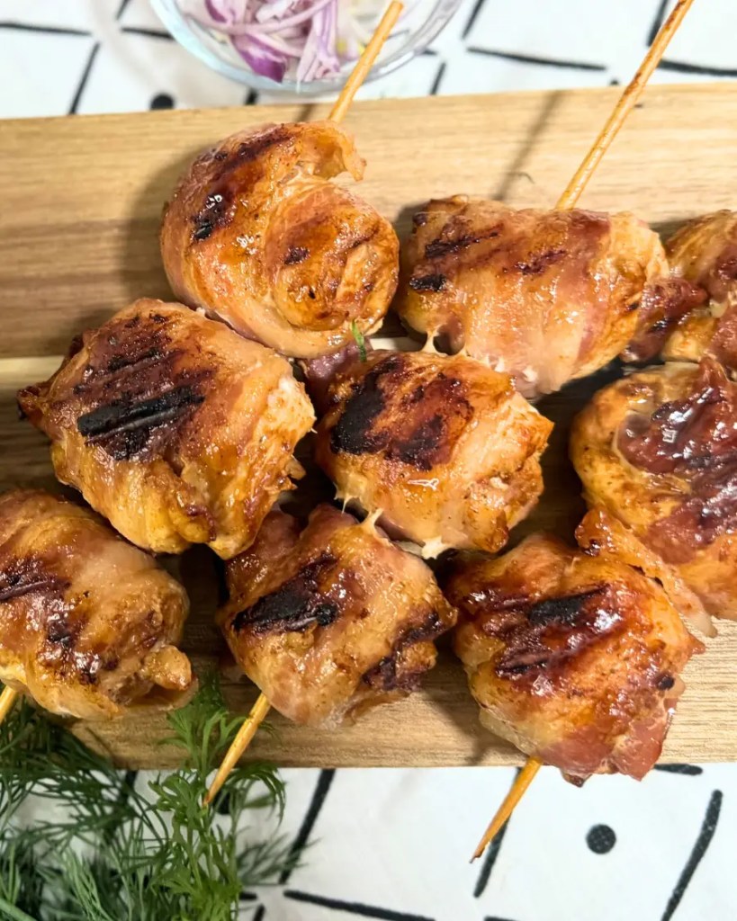 Crispy Bacon Wrapped Chicken Skewers