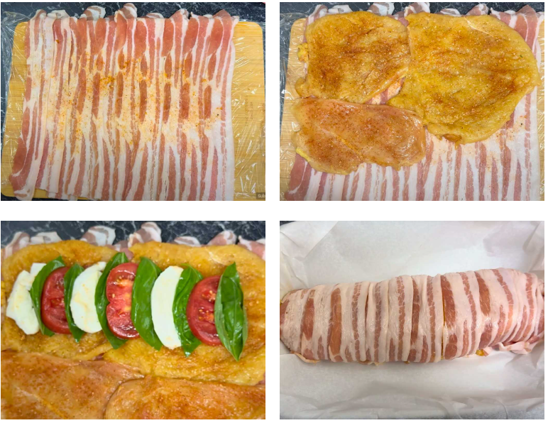 Step-by-step collage showing how to make bacon-wrapped chicken roulade: arranging bacon strips, layering seasoned chicken, adding tomato, mozzarella, and basil filling, and rolling the roulade for baking.