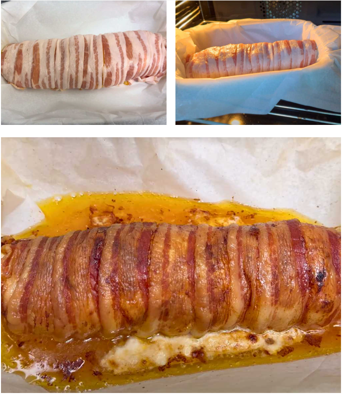 Collage showing the baking process of a bacon-wrapped chicken roulade, including the rolled roulade on parchment, the roulade placed in the oven, and the final golden, cooked roulade resting in melted juices.