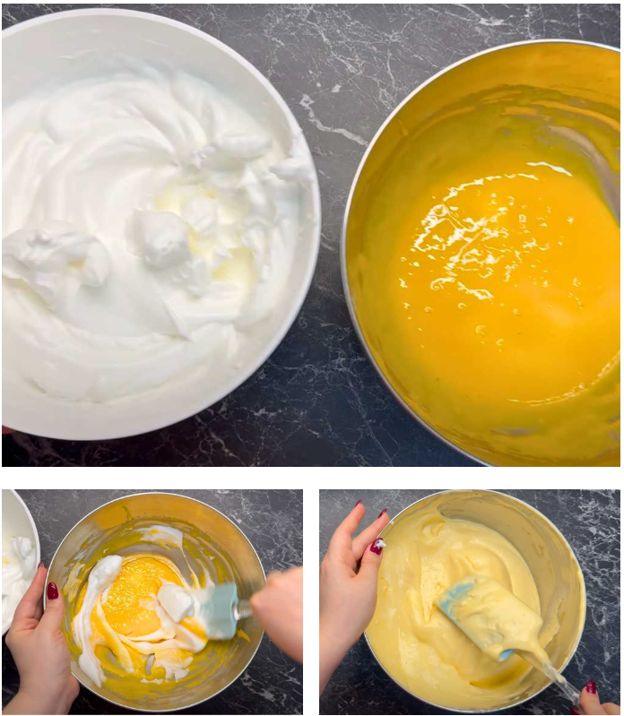 Collage showing whipped egg whites and egg yolk batter being gently folded together to create a light, airy batter for fluffy pancakes.