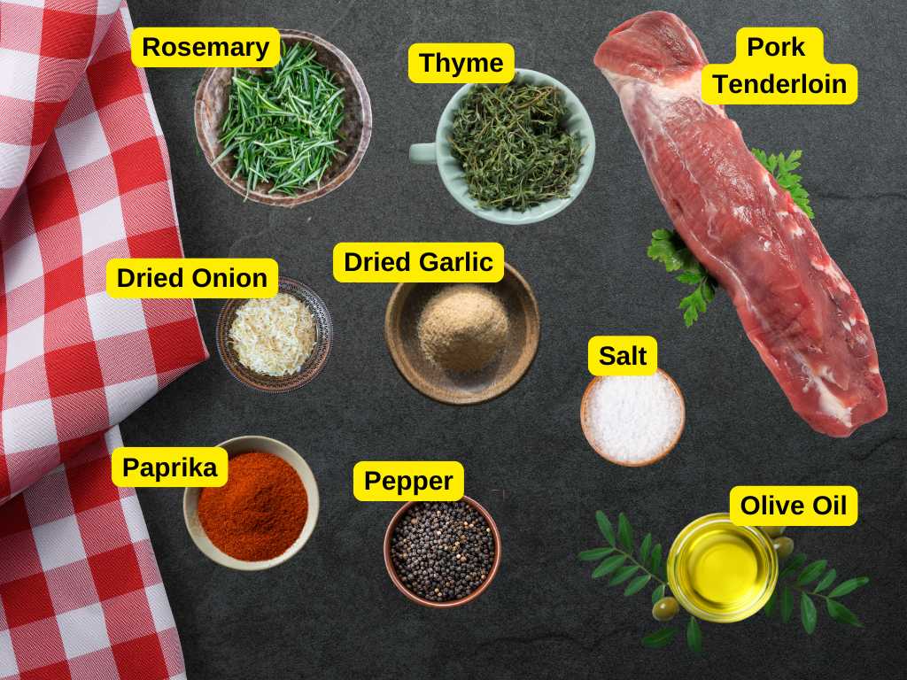 Overhead view of pork tenderloin and seasoning ingredients including rosemary, thyme, dried garlic, dried onion, paprika, pepper, salt, and olive oil on a dark surface with a red checkered cloth.