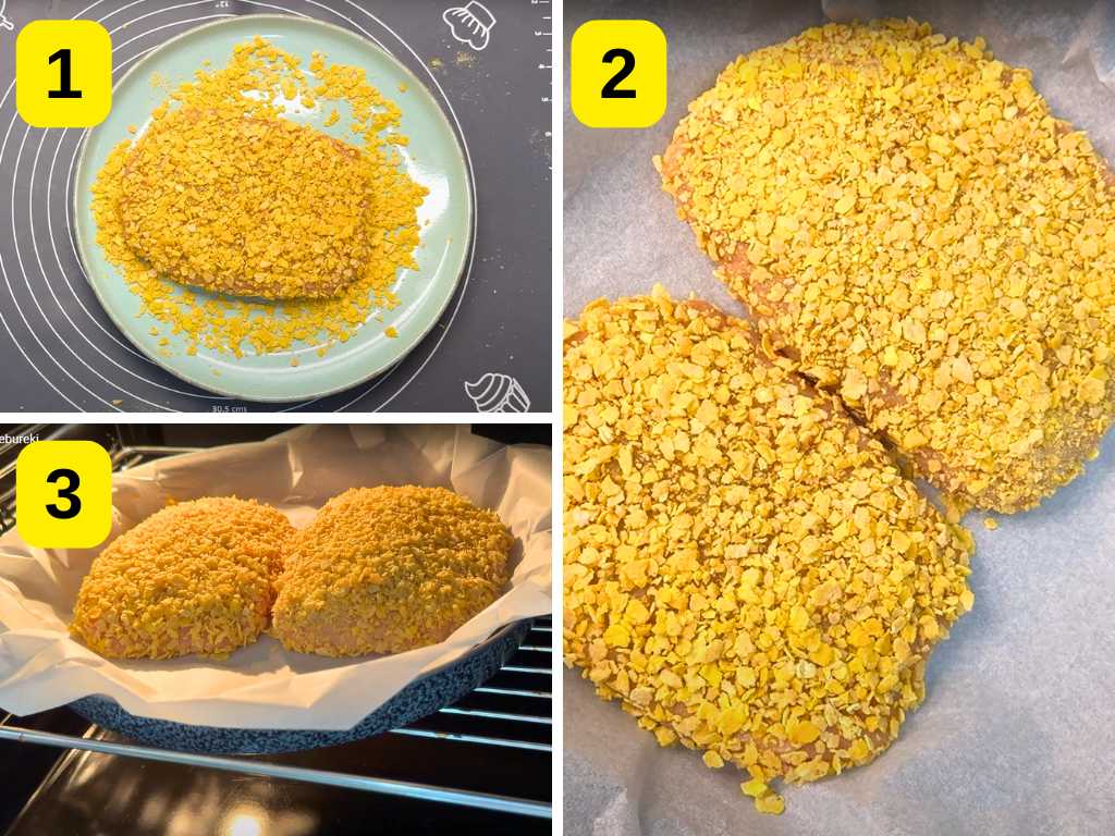 Step-by-step coating and baking baked chicken pockets – covering with cornflakes, placing on a tray, and baking in the oven
