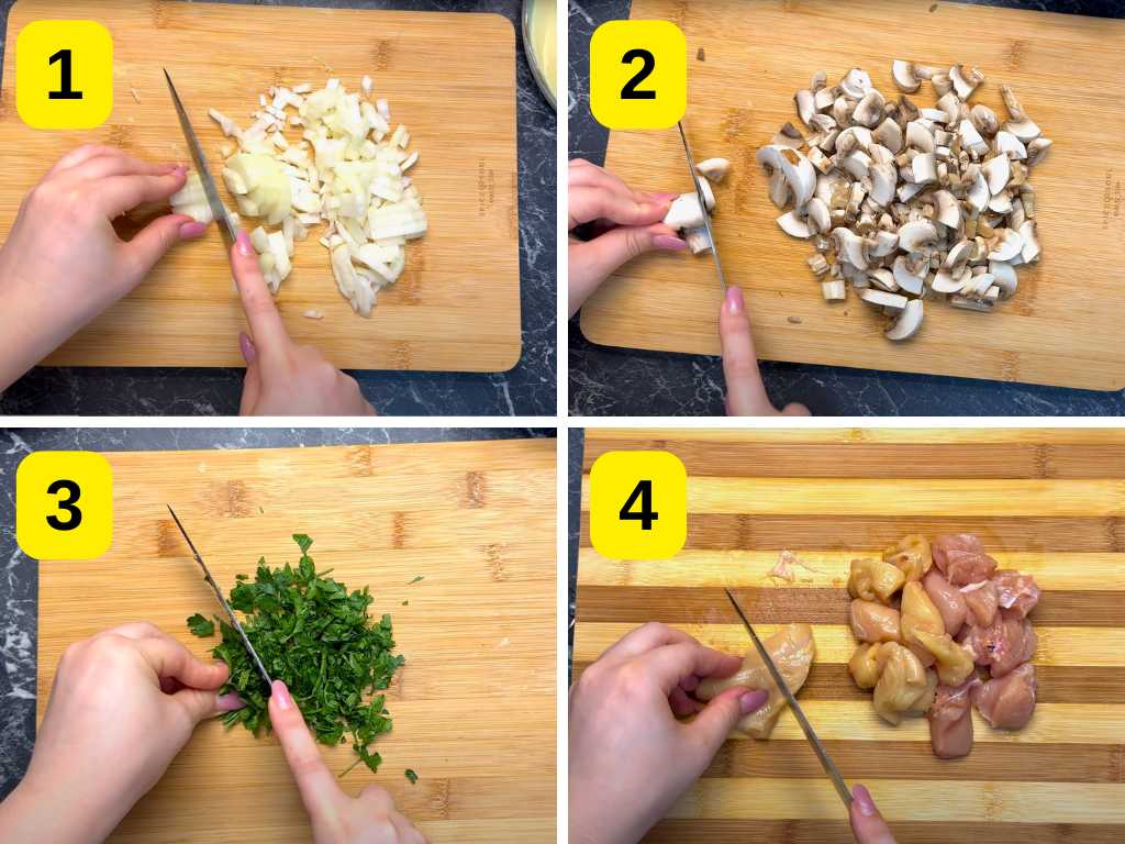 Step-by-step preparation for baked chicken pockets recipe – chopping onions, mushrooms, parsley, and chicken pieces on a cutting board