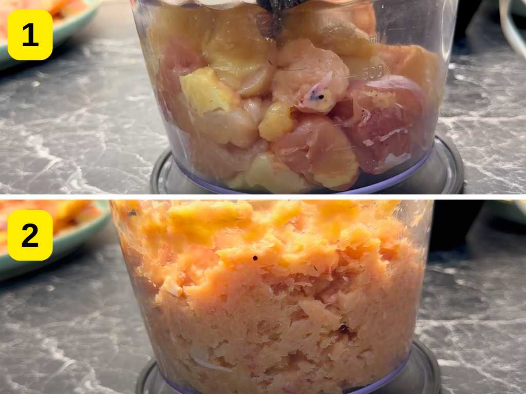 Preparing chicken for baked chicken pockets – raw chicken pieces in a food processor and blended into minced chicken