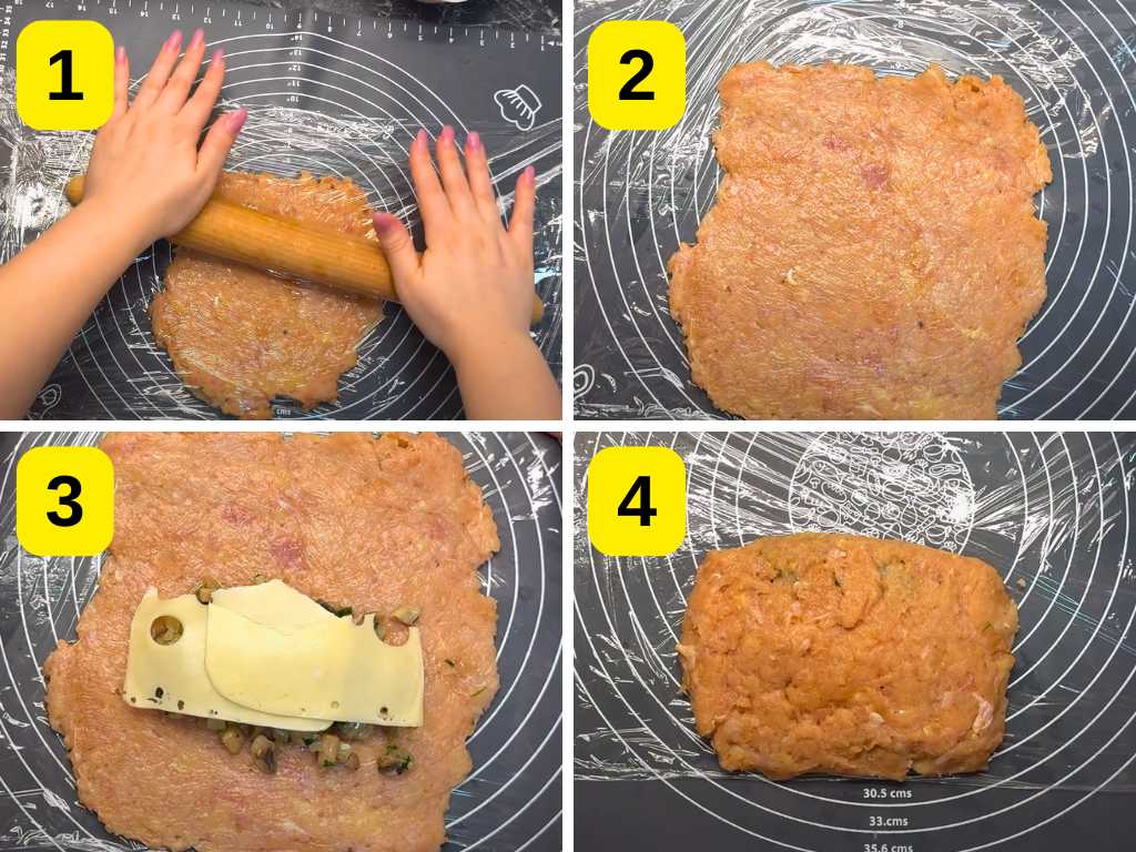 Step-by-step assembling baked chicken pockets – flattening minced chicken, adding mushroom filling with cheese, and folding into a pocket shape