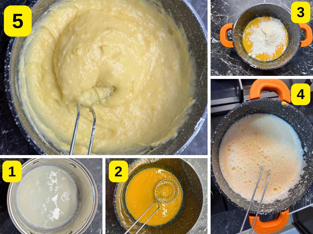 Step-by-step process of making Spartak Cake cream: heating milk, whisking egg yolks, adding flour and cornstarch, cooking until thickened, and achieving a smooth custard consistency.
