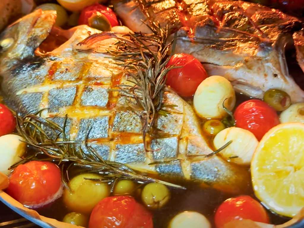 Oven-roasted dorada fish in dark ale broth with rosemary, cherry tomatoes, pearl onions, green olives, and lemon.