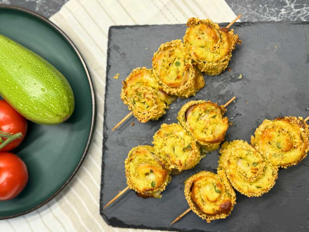 Crispy zucchini roll skewers with mashed potatoes, ham, and cheese served on a slate platter with fresh zucchini and tomatoes on the side