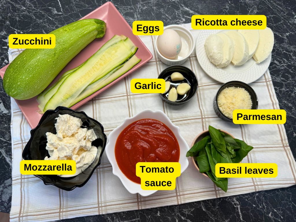 Zucchini Lasagna Ingredients – Ricotta, Mozzarella, Tomato Sauce, Basil, and More