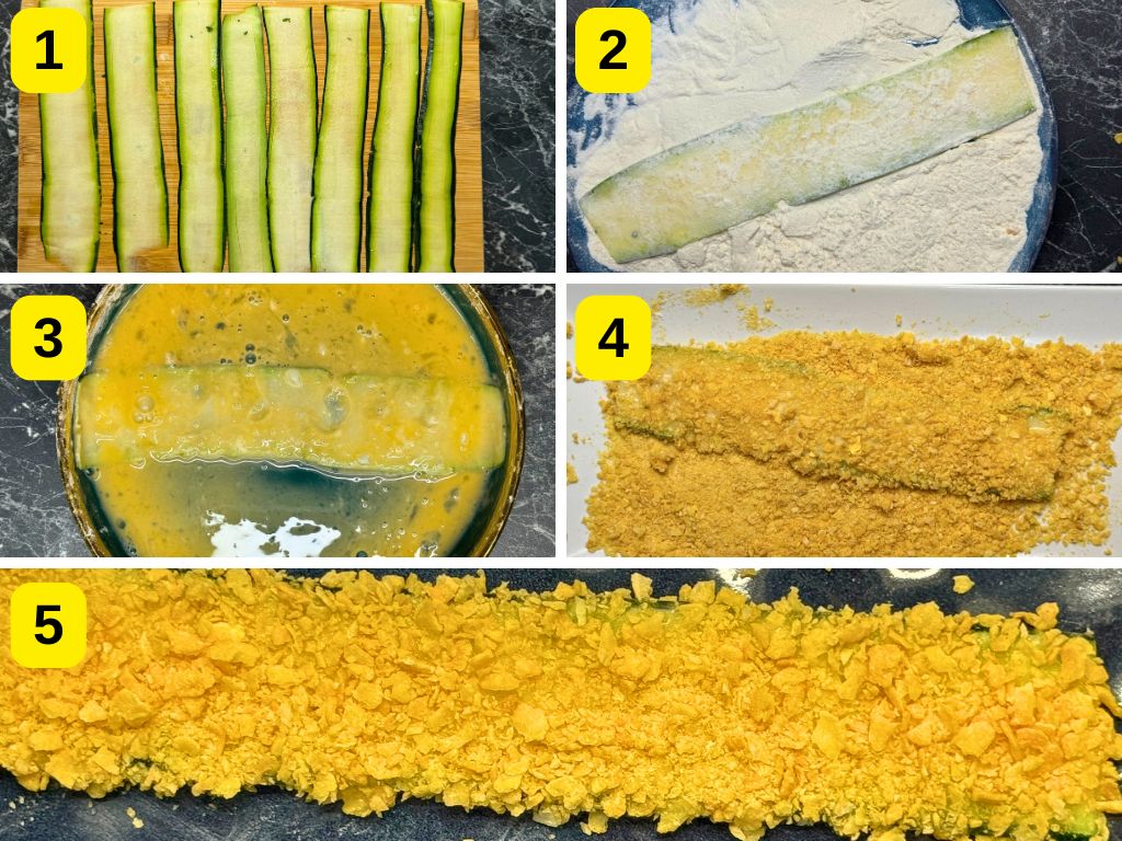 Step-by-step process of breading zucchini slices for roll skewers: sliced zucchini, coated in flour, dipped in egg, and covered with panko crumbs