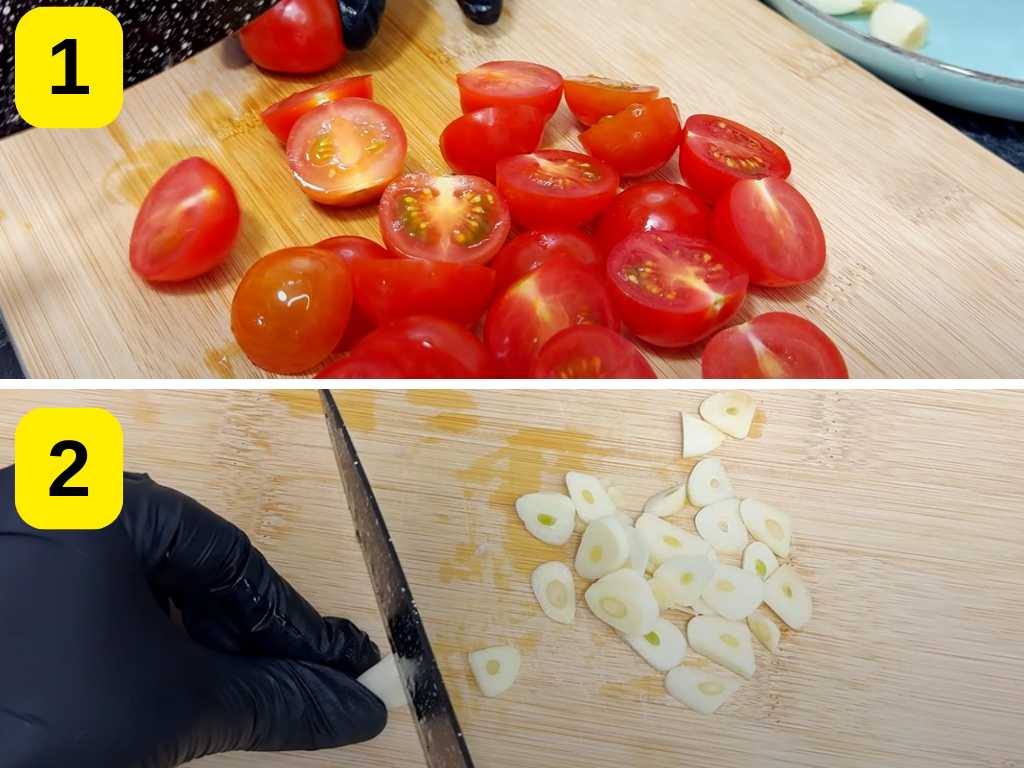 Step-by-step image showing cherry tomatoes being halved and garlic being sliced on a wooden cutting board, both prepared with a sharp knife