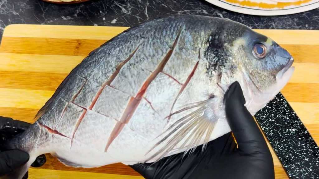 Whole dorada fish with deep diagonal cuts on the skin, held by gloved hands on a wooden cutting board.