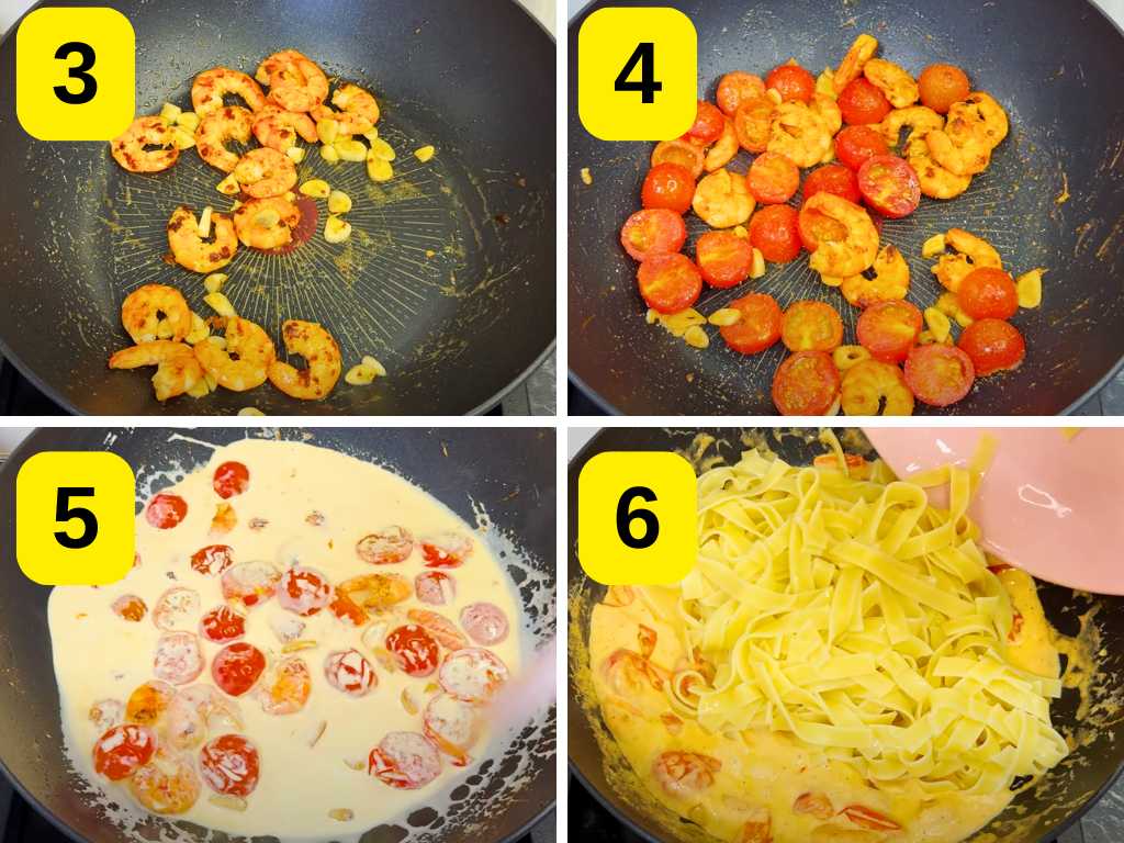 Step-by-step images showing shrimp being cooked with garlic, cherry tomatoes added, followed by whipping cream, and finally pasta combined in a creamy sauce