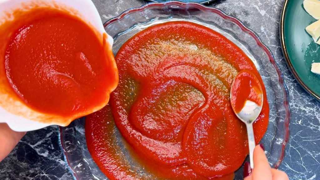 Tomato sauce being poured and spread into the bottom of a glass baking dish as the first layer for zucchini lasagna.