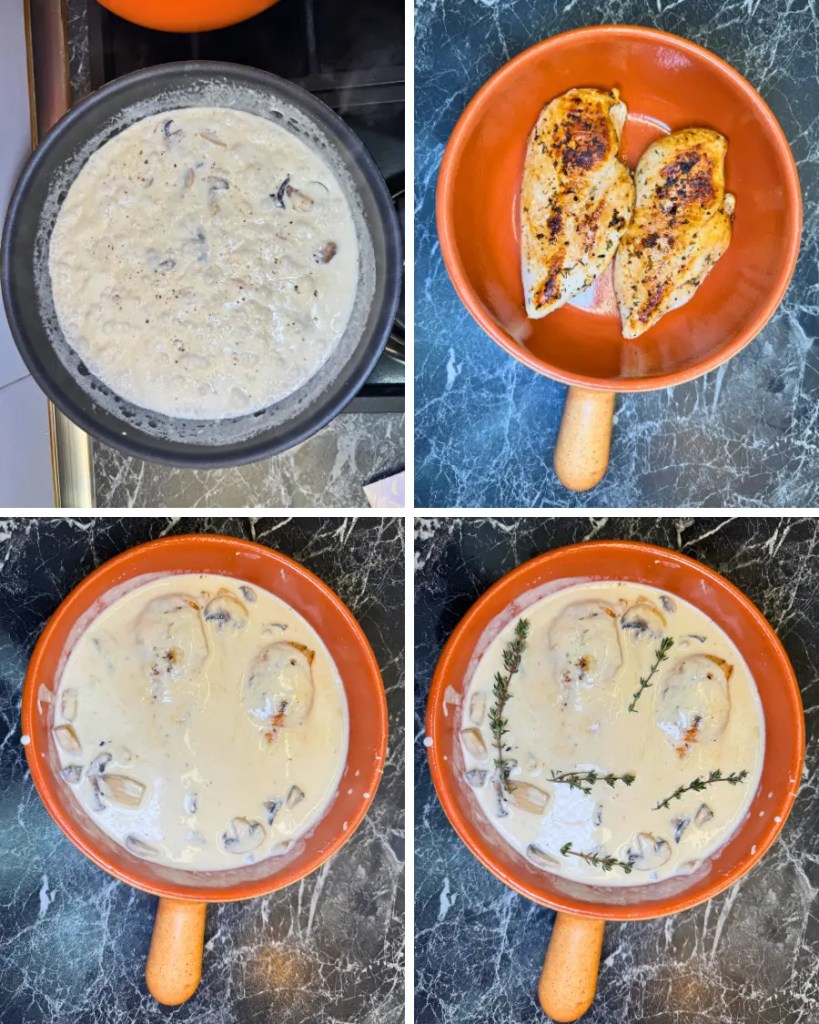 collage showing creamy mushroom sauce and placing chicken in baking dish before oven