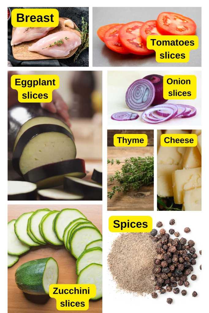 Ingredients in Cheesy Hasselback Chicken & Veggie Medley Bake