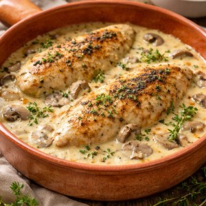 Chicken breast in creamy mushroom sauce baked in a rustic dish, garnished with fresh thyme and served with a rich, velvety cream sauce.