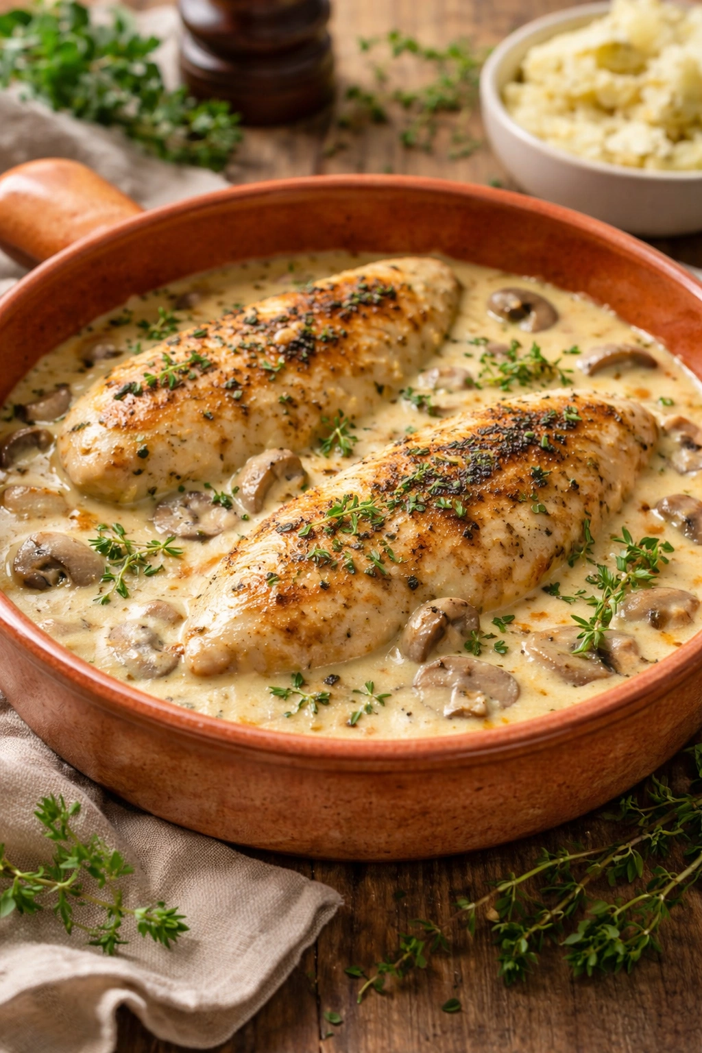 Chicken breast in creamy mushroom sauce baked in a rustic dish, garnished with fresh thyme and served with a rich, velvety cream sauce.