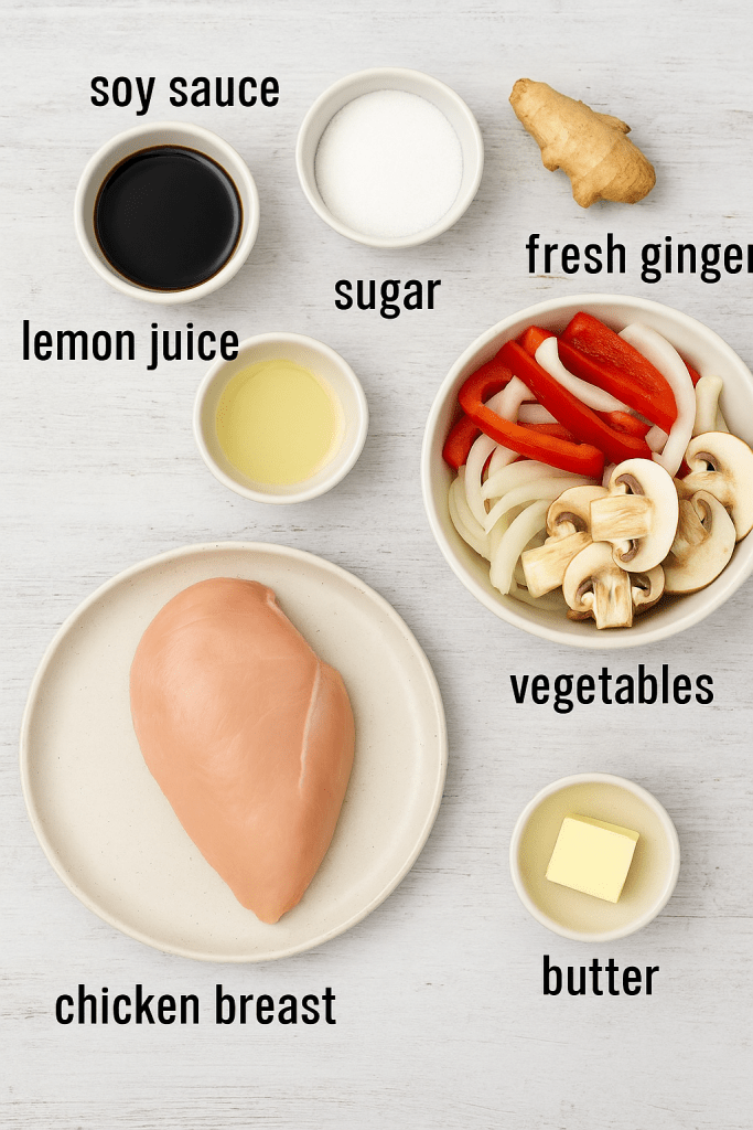 Top view of ingredients for Asian-style chicken breasts, including raw chicken, soy sauce, sugar, lemon juice, fresh ginger, sliced bell peppers, onions, mushrooms, and a piece of butter arranged on a white table.