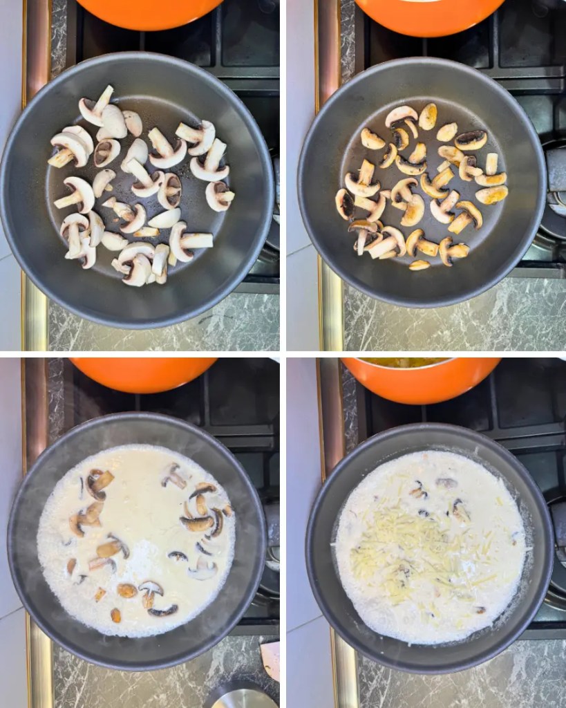 collage showing mushrooms cooking adding cream and cheese to make creamy mushroom sauce