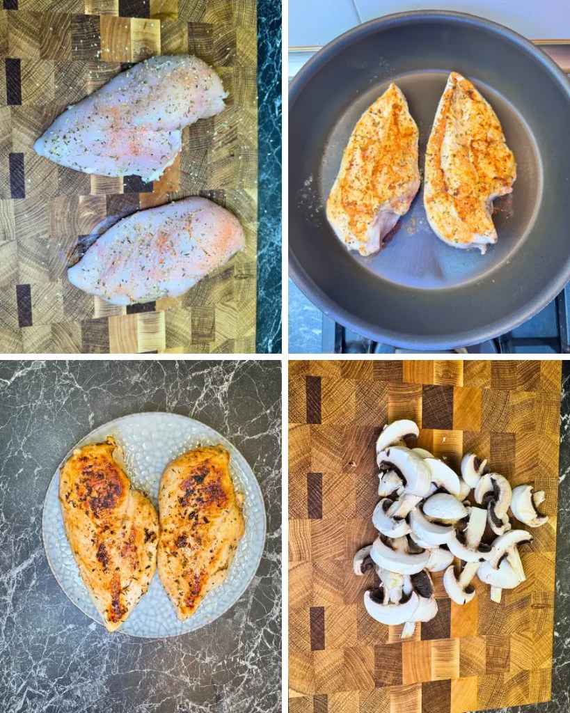 step by step collage seasoning chicken breast frying and slicing mushrooms for creamy mushroom chicken