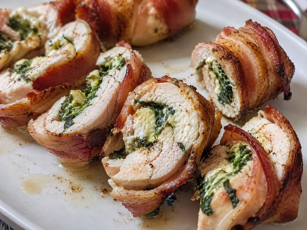 Realistic close-up of sliced bacon-wrapped chicken rolls stuffed with creamy spinach and melted cheese, served on a white plate with crispy bacon and juicy chicken layers visible.