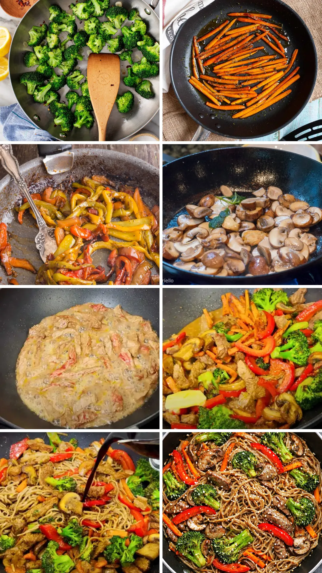 Step-by-step collage showing how to make Japanese soba noodles with beef, including sautéing broccoli, carrots, bell peppers, mushrooms, cooking beef in a pan, adding sauce, and tossing everything together with soba noodles.
