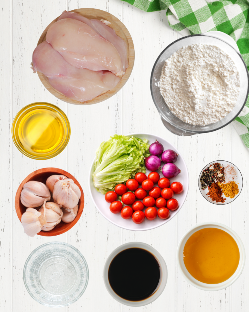 Top view of ingredients for Stuffed Basket Chicken Wraps including raw chicken breasts, flour, olive oil, garlic, soy sauce, honey, spices, and a plate with whole iceberg lettuce leaves, cherry tomatoes, and red onions on a white wooden table.