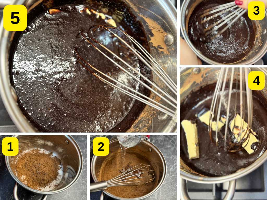 Step-by-step process of making Spartak Cake chocolate glaze: mixing cocoa and sugar, adding hot water, whisking, melting in butter, and finishing with a smooth glossy glaze.