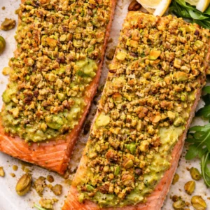 Oven baked salmon with avocado cream and chopped pistachios on a ceramic plate
