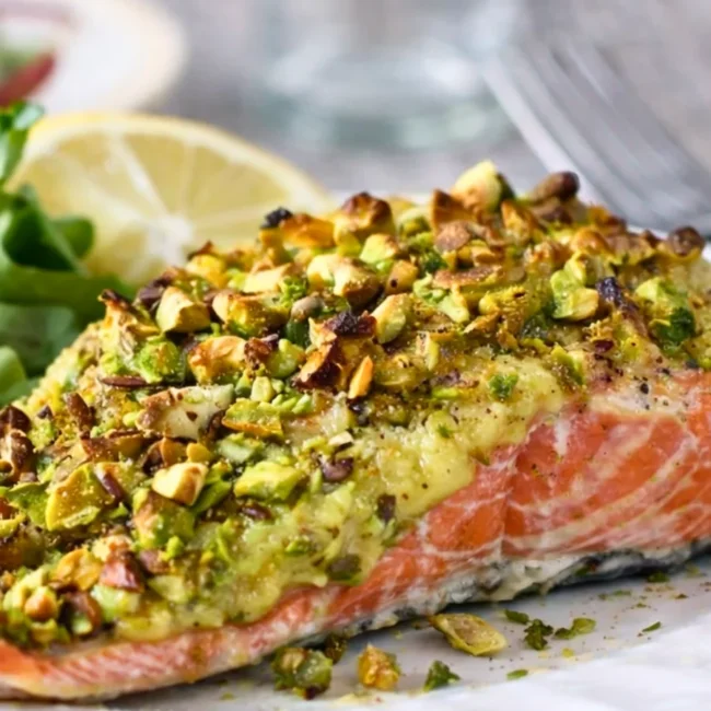 Oven baked salmon with avocado cream and chopped pistachios, served with fresh green salad