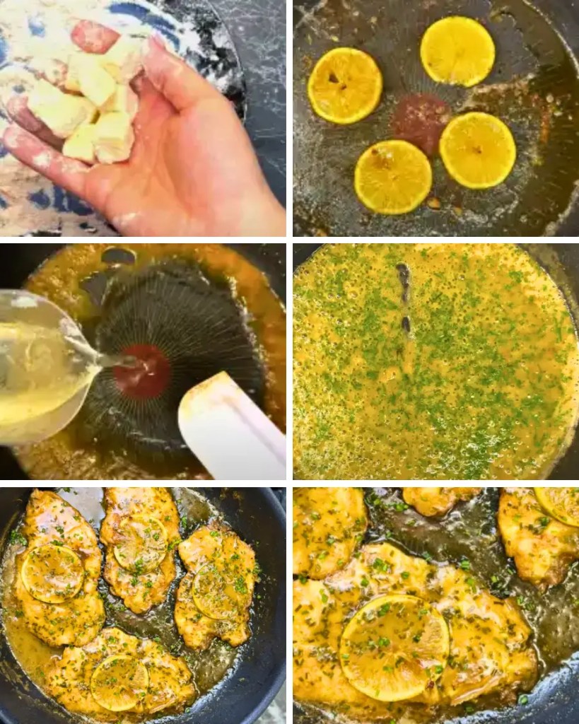 Step-by-step collage showing chicken francese being cooked in a pan with lemon slices, white wine lemon butter sauce, fresh chives, and golden chicken breasts.