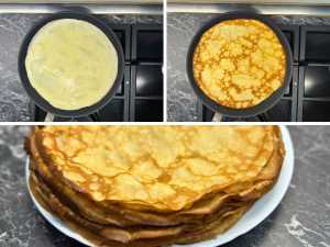 Collage of the pancake-making process: batter cooking in a pan, a golden pancake flipped to reveal a perfectly cooked surface, and a stack of freshly made pancakes piled on a white plate.