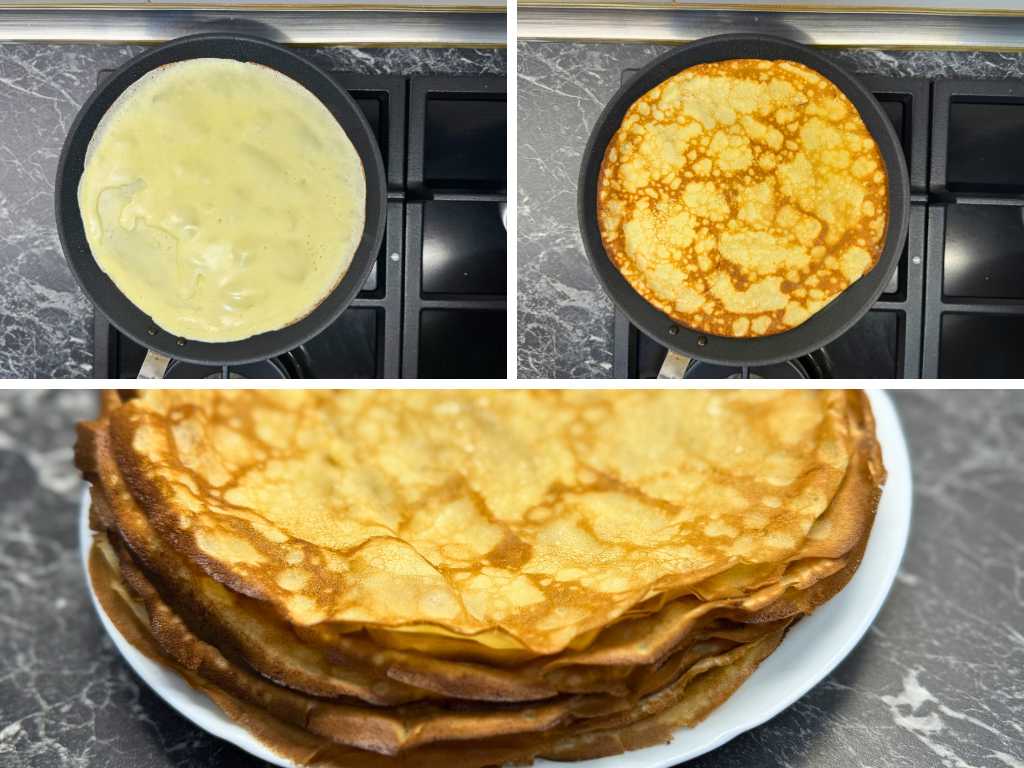 Collage of the pancake-making process: batter cooking in a pan, a golden pancake flipped to reveal a perfectly cooked surface, and a stack of freshly made pancakes piled on a white plate.