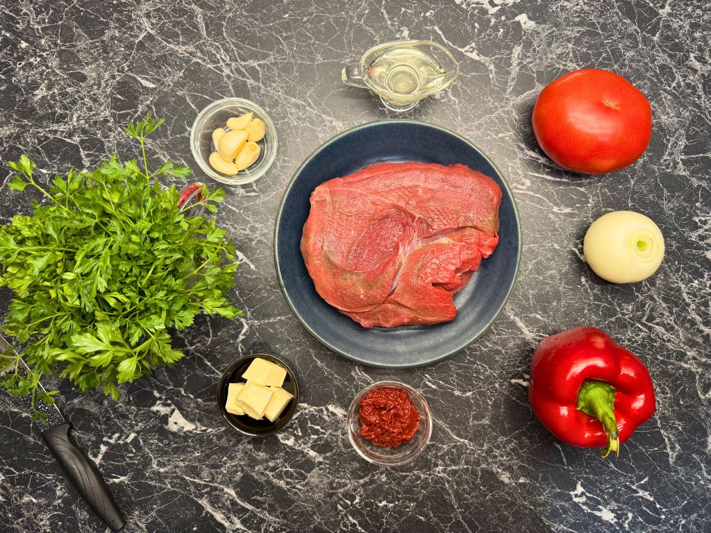 Front shot of ingredients in Tender Skillet Beef Stew