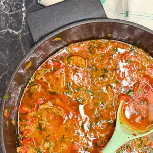 A pot of Tender Skillet Beef Stew