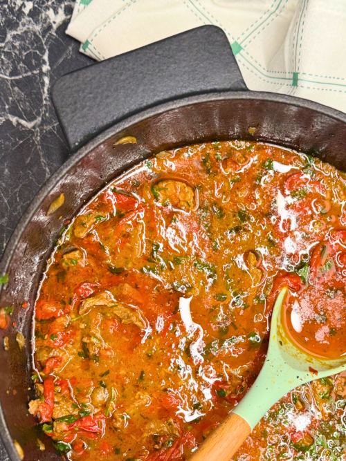 A pot of Tender Skillet Beef Stew