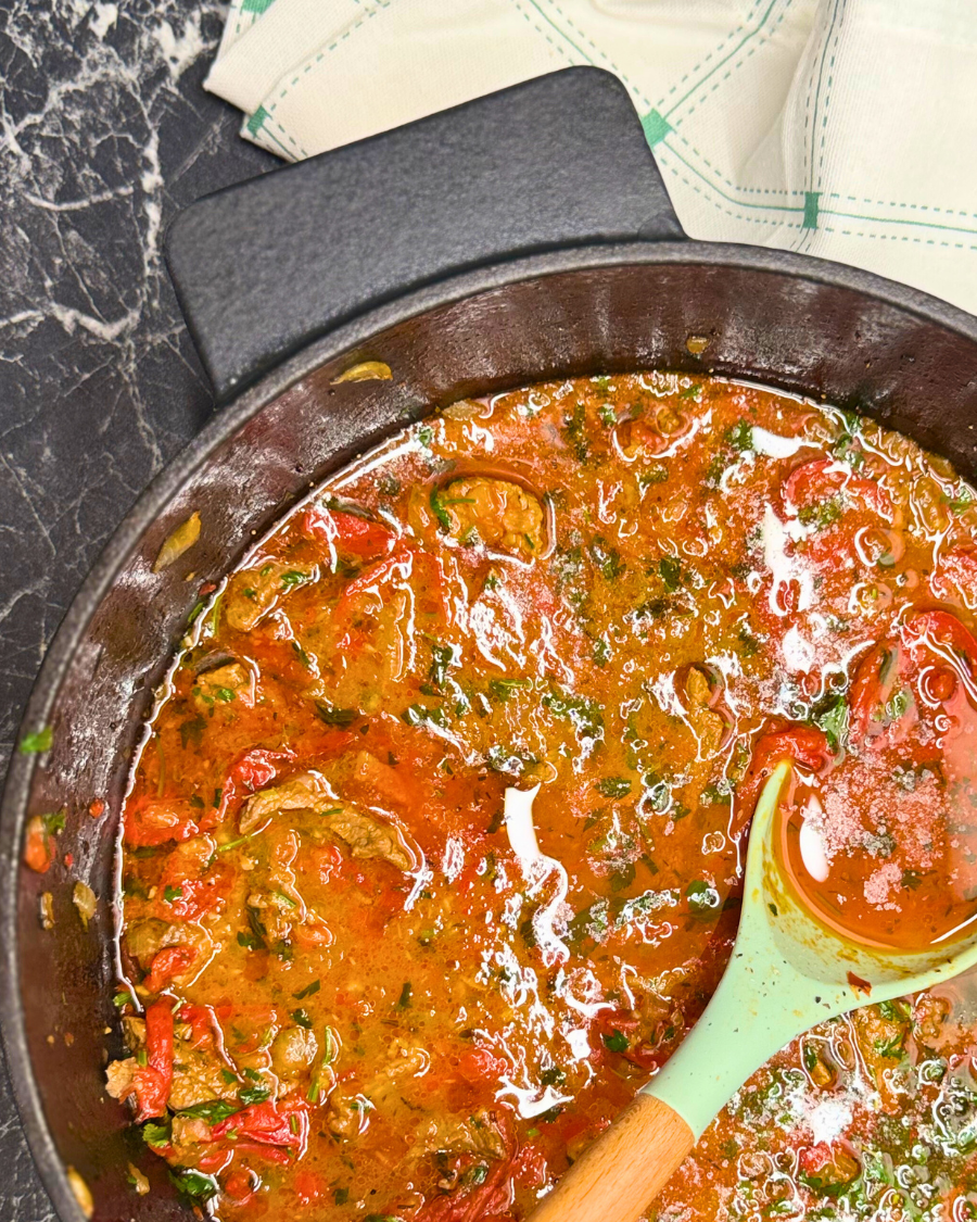 A pot of Tender Skillet Beef Stew