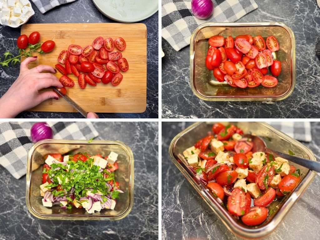 Four-step photo collage showing cherry tomatoes being halved, placed in a bowl, mixed with feta, red onion, and parsley, and finally tossed together into a fresh tomato feta salad.