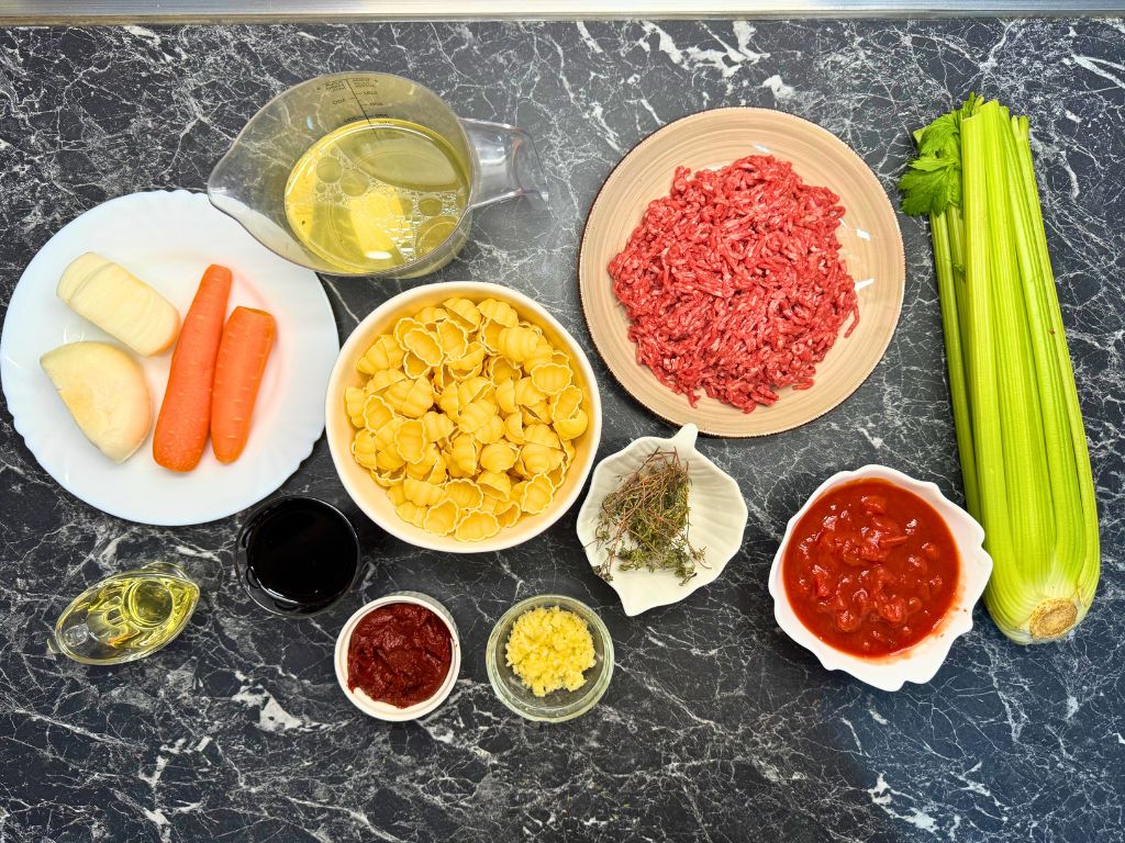 Top shot of ingredients in Tuscan Beef Ragu.