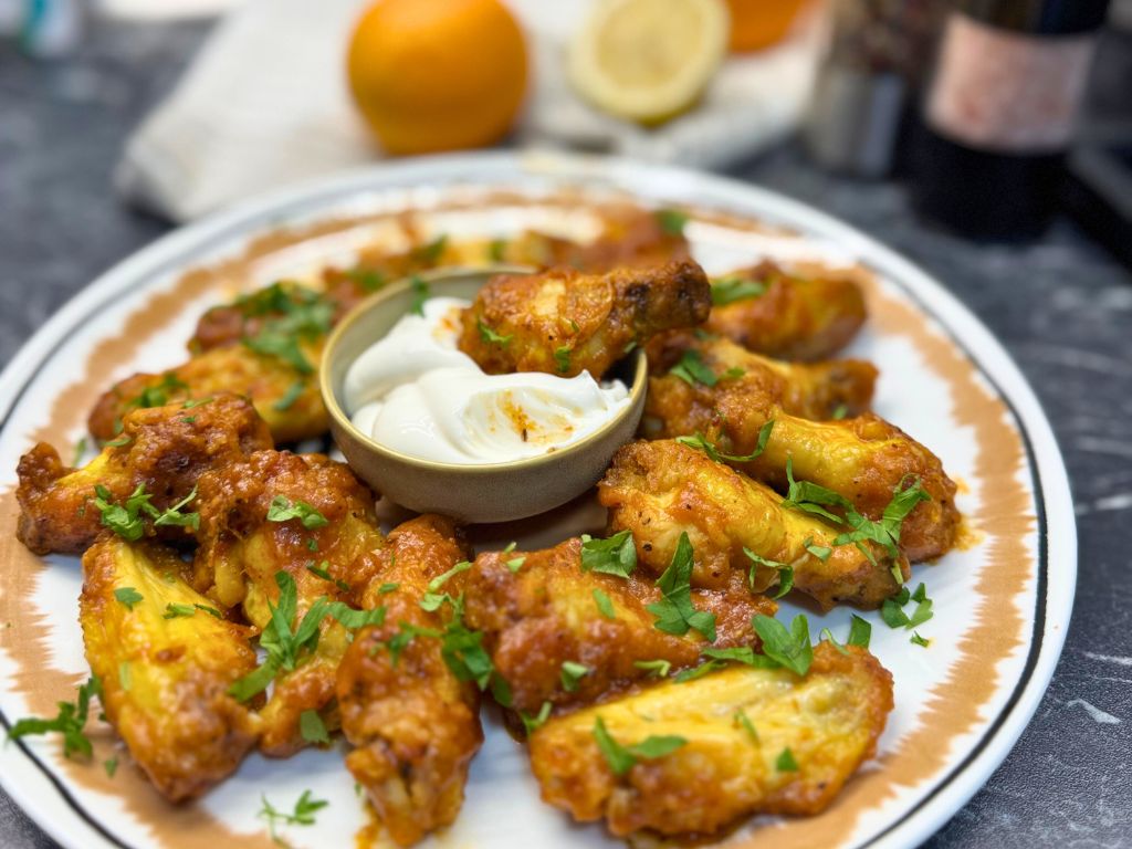 Close-up of crispy air fryer orange chicken wings on a white plate, garnished with fresh parsley and served with a creamy dipping sauce.