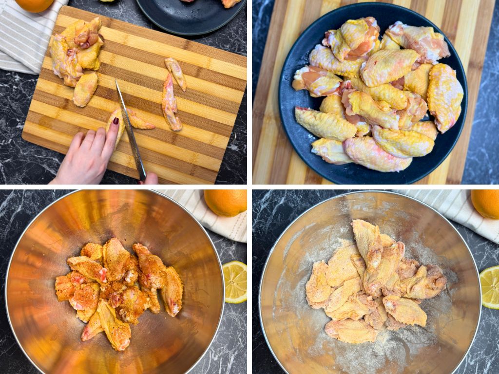 Step-by-step prep for air fryer orange chicken wings: trimming raw wings on a cutting board, cleaned wings in a bowl, seasoned with spices, and coated with flour.