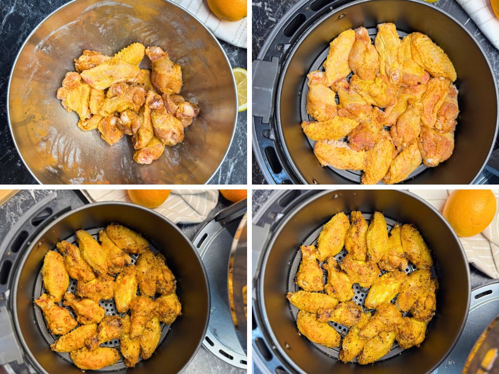 Step-by-step process of making air fryer orange chicken wings: seasoned wings in a mixing bowl, placed in the air fryer basket, and progressively cooked to a golden crisp.